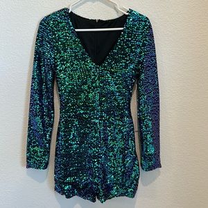 Custom Sequin Long Sleeve Shorts Romper Blue Green Purple Black Extra Small